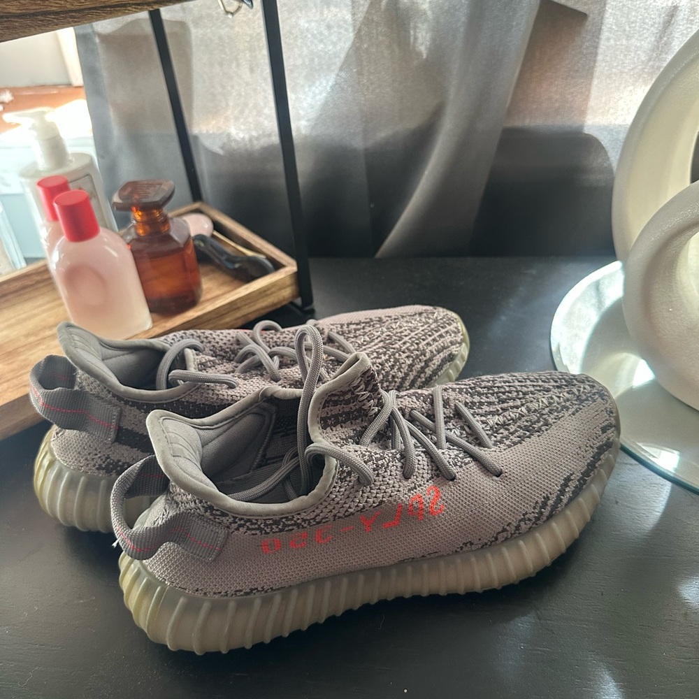 Gray and Red Yeezy Boost 350 V2 Sneakers